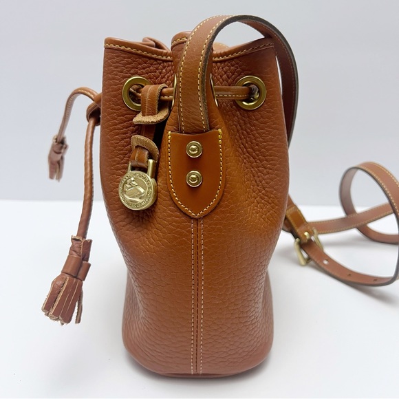 Vintage Dooney & Bourke Mini Bucket Drawstring Shoulder Bag Cognac Leather - Picture 4 of 16